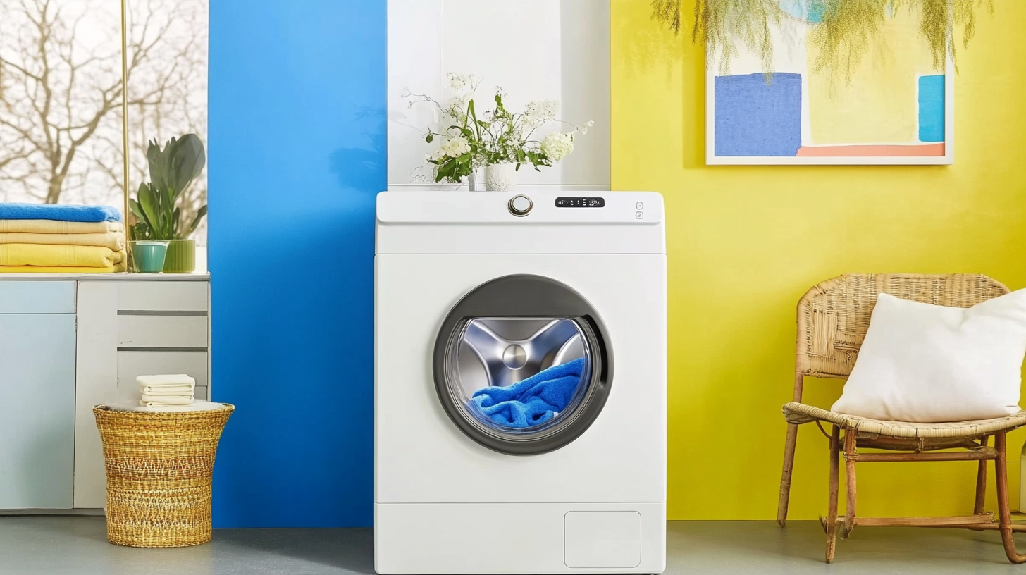 세련되고 미니멀한 세탁실에 놓인 삼성 19kg 대용량 세탁기. 세련된 디자인과 첨단 제어 패널을 자랑하며, 부드러운 조명 속에 놓여 있는 모습.