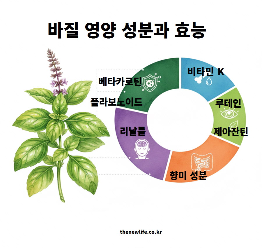 작은 잎사귀 하나에 다양한 비타민과 미네랄이 함유되어 있는 바질 영양 성분과 효능 일러스트