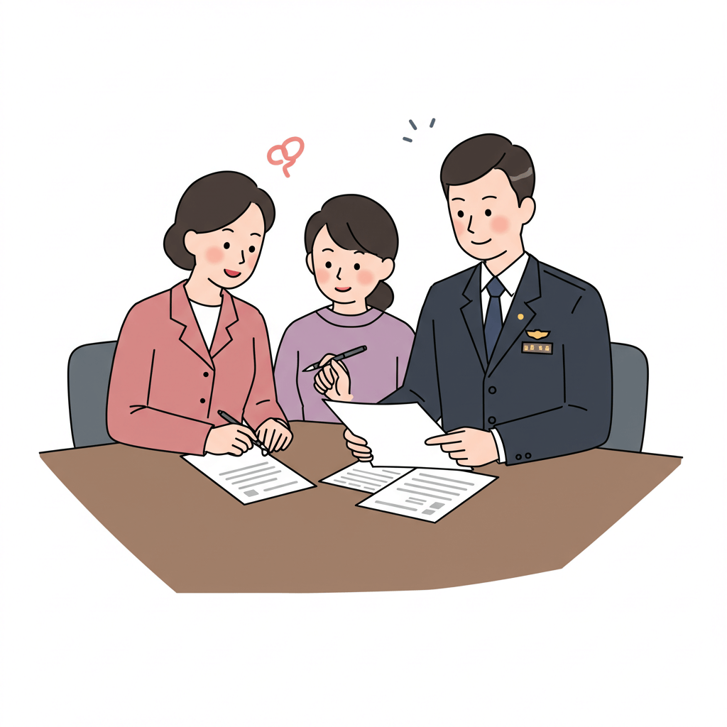 담당 공무원과 자녀 장려금 신청하는 어머니와 아이가 책상에 마주 앉아 관련 서류를 함께 검토하고 있다