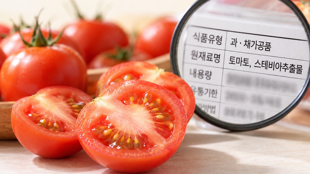 토마토 옆 확대경으로 가공식품의 식품유형과 원재료 표시를 확인하는 장면