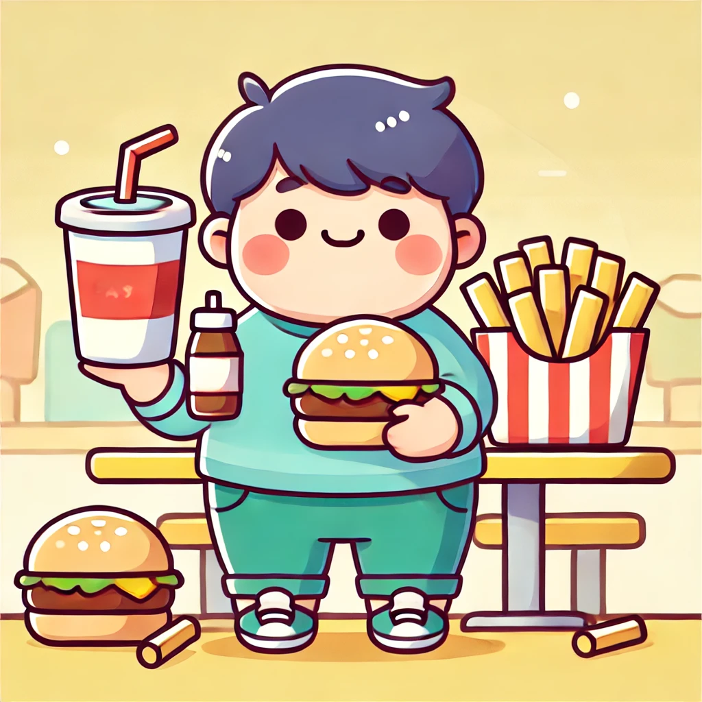 남자아이가 패스트 푸드를 들고 행복해 하는 모습의 일러스트 그림