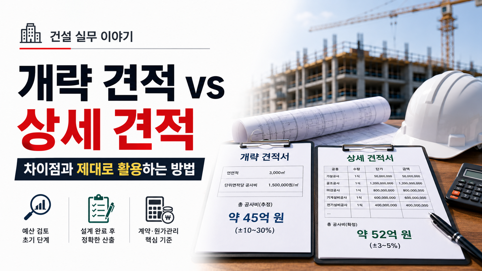 건축 프로젝트의 개략 견적과 상세 견적을 비교하는 모습