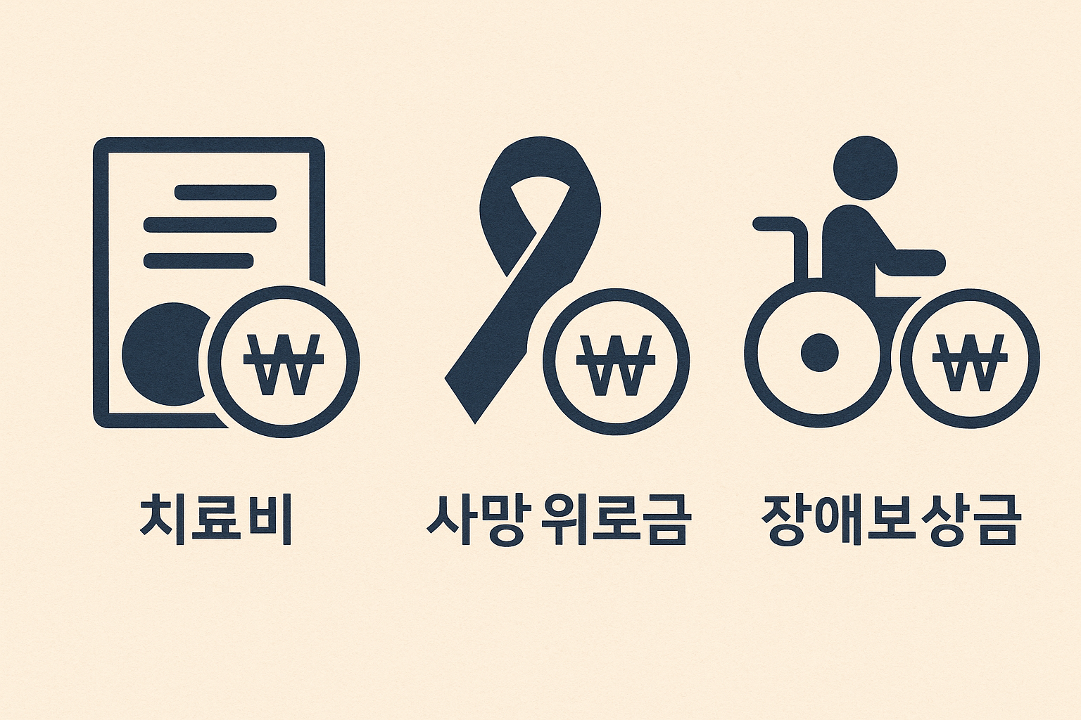 약물 부작용 피해구제 보상 항목을 시각화한 일러스트로, 좌측부터 치료비, 사망 위로금, 장애 보상금을 각각 상징하는 문서, 리본, 휠체어 아이콘과 원화(₩) 기호가 정렬되어 있으며 연한 베이지 배경에 짙은 남색 계열로 구성됨.