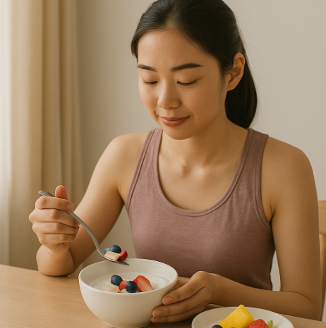 요거트식을 먹고 있는 20대 여성