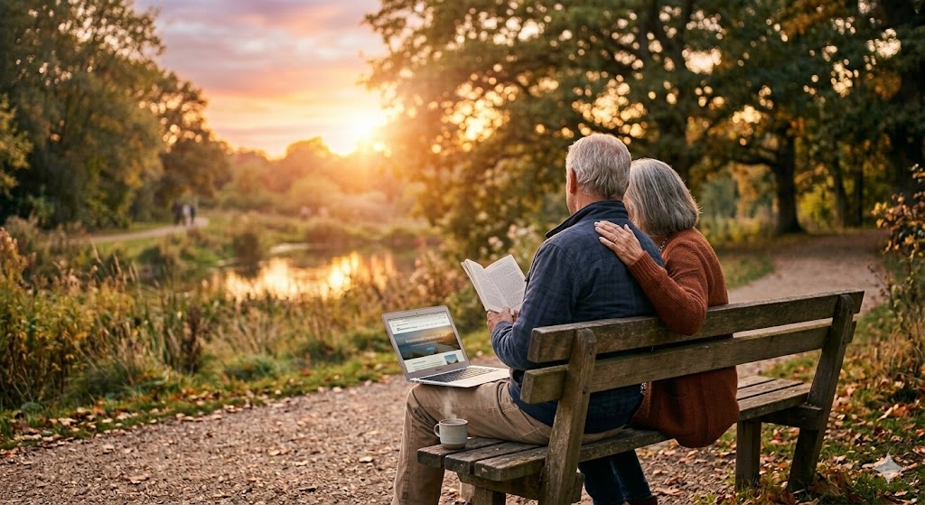 노을 지는 평화로운 공원에서 여유롭게 책을 읽는 은퇴 부부의 뒷모습