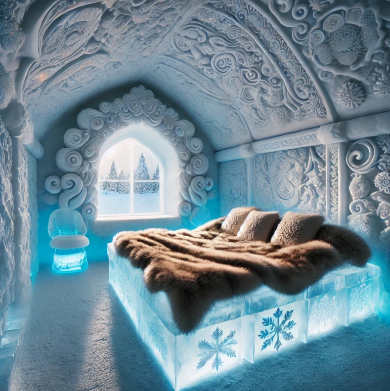 연말 혼자 여행 트레드 중 핀란드 얼음호텔 내부를 나타내는 이미지입니다.