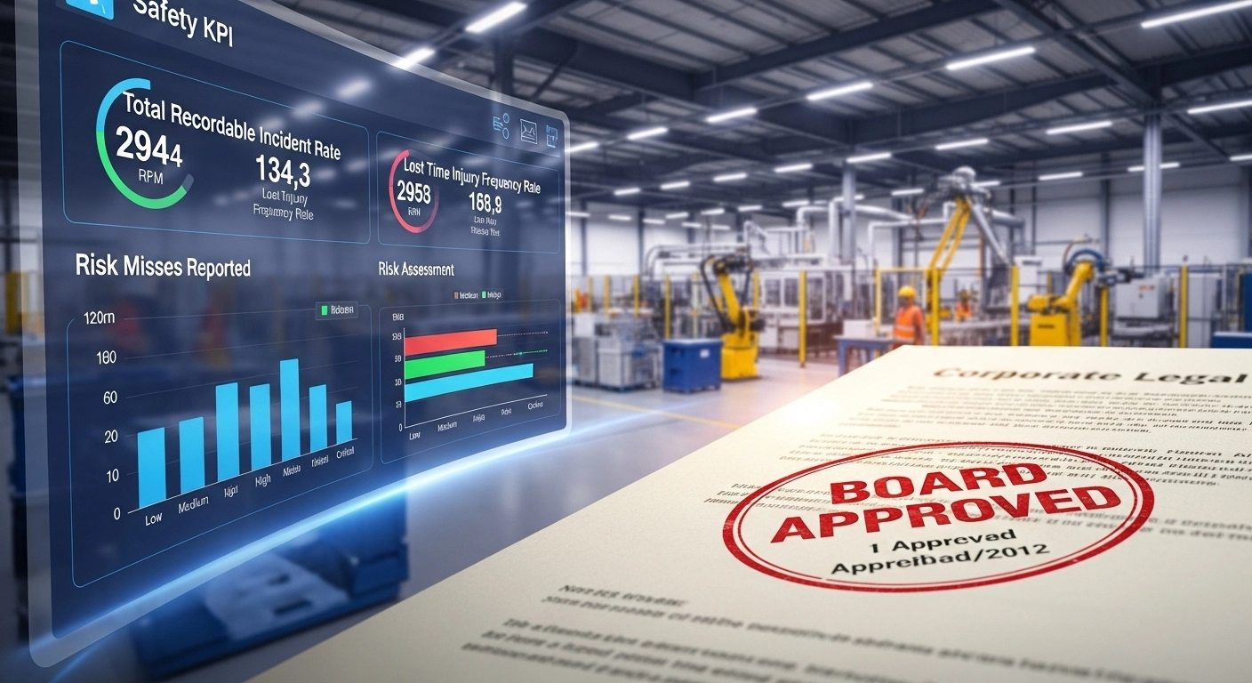 데이터 기반의 안전보건관리계획 대시보드와 이사회 승인을 받은 법적 서류를 통해 기업의 안전 경영 체계를 보여주는 이미지.