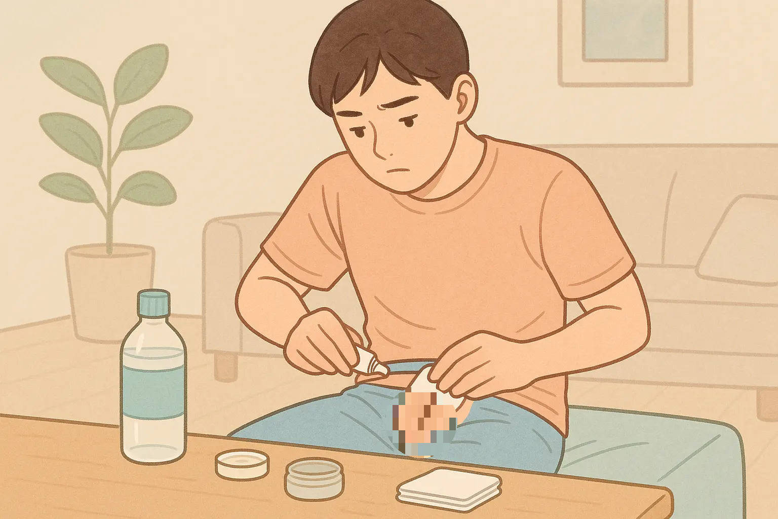 집에서 소년 또는 성인이 수술 부위를 조심스럽게 관리하는 장면, 식염수·연고·거즈 사용 모습
