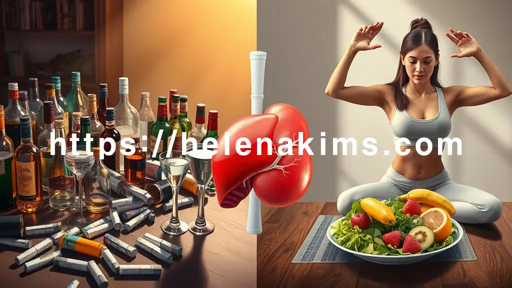 왼쪽 패널에는 잔뜩 쌓인 술병과 담배가 놓인 어지러운 테이블을, 오른쪽 패널에는 맑은 물 한 잔, 가벼운 운동복을 입은 건강한 여성과 신선한 과일과 채소 접시 이미지.