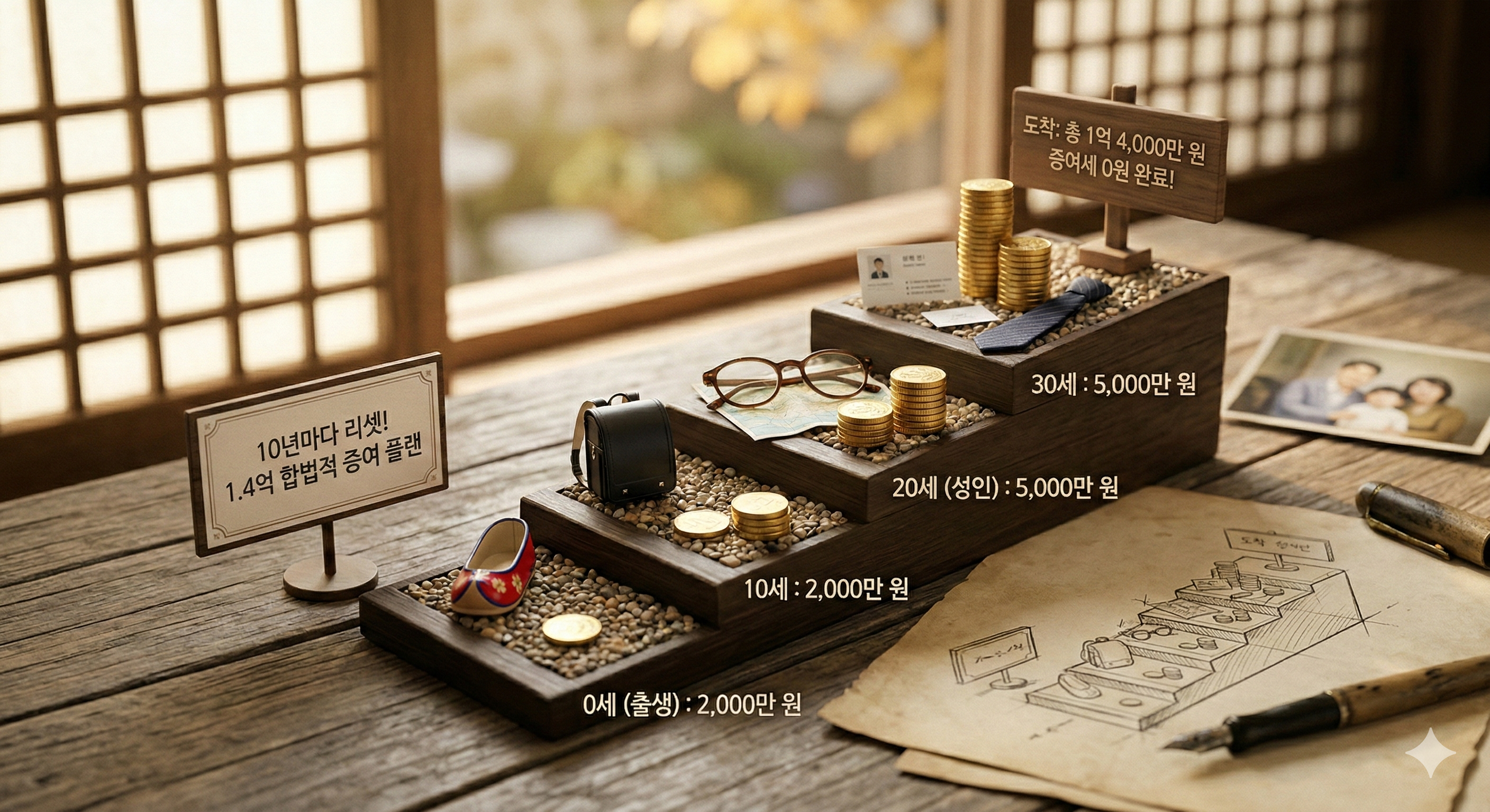 증여세 면제한도가 10년마다 초기화되는 점을 활용하여 0세부터 30세까지 총 1억 4천만 원을 세금 없이 증여하는 10년 주기 절세 플랜 안내