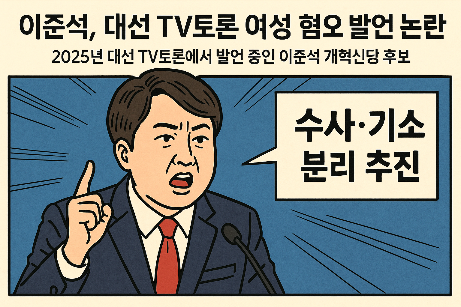 2025년 대선 TV토론에서 수사·기소 분리를 주장하며 발언 중인 이준석 개혁신당 후보를 만화 스타일로 표현한 일러스트