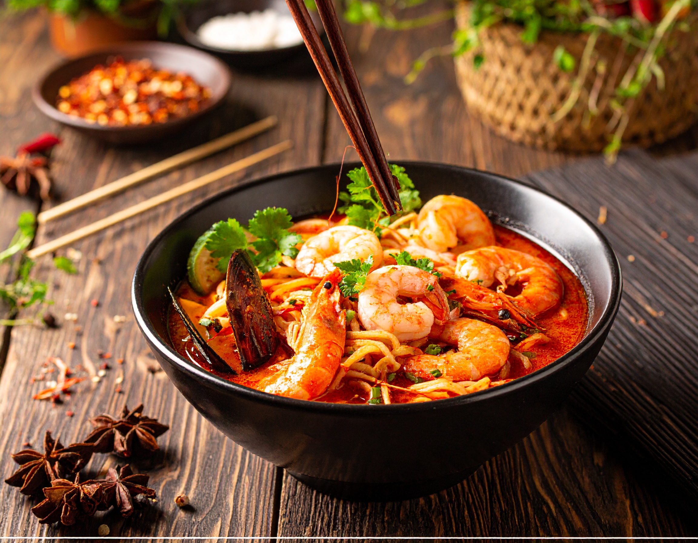 빨간 국물의 해물짬뽕 한 그릇, 새우와 홍합이 들어간 면 요리