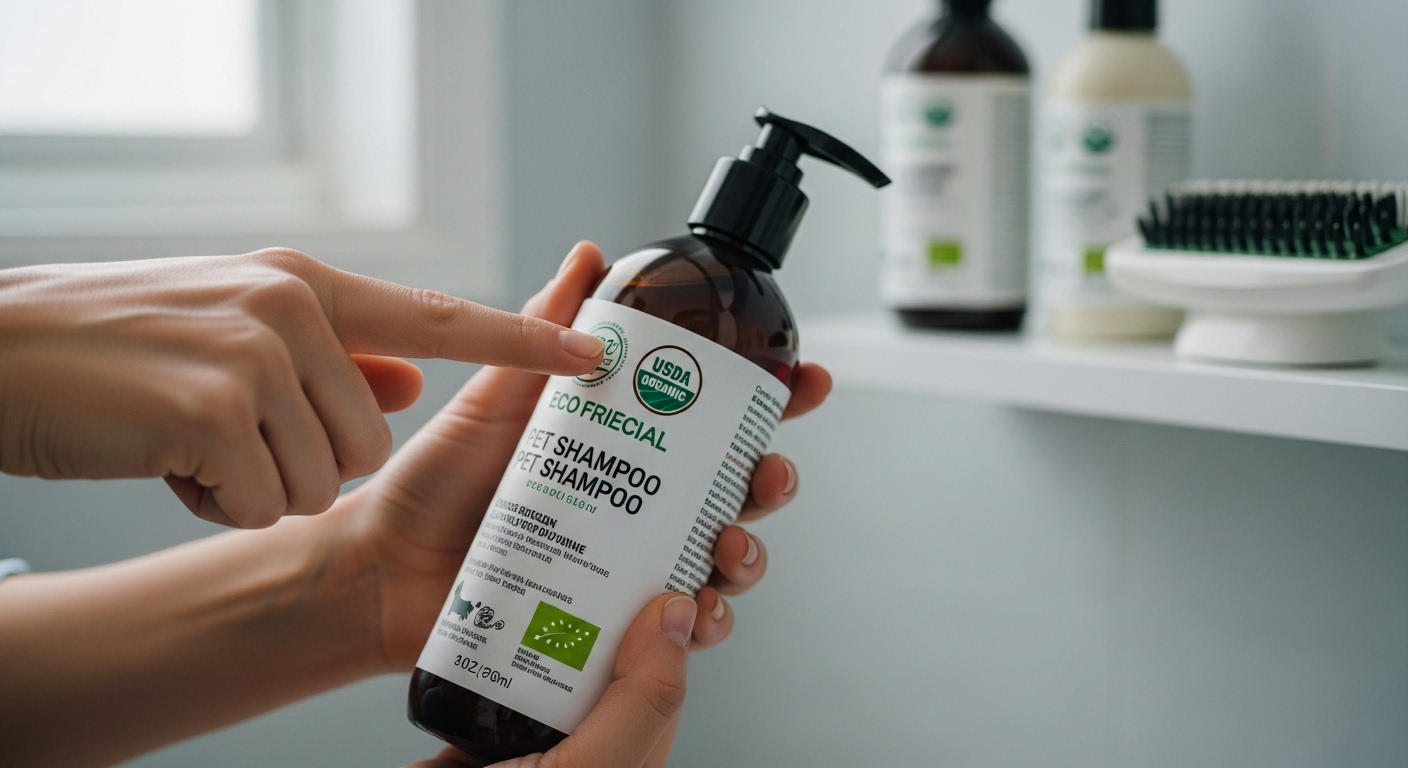 한 사람이 반려동물 샴푸 병의 뒷면에 있는 친환경 인증 마크를 꼼꼼하게 확인하고 있는 모습