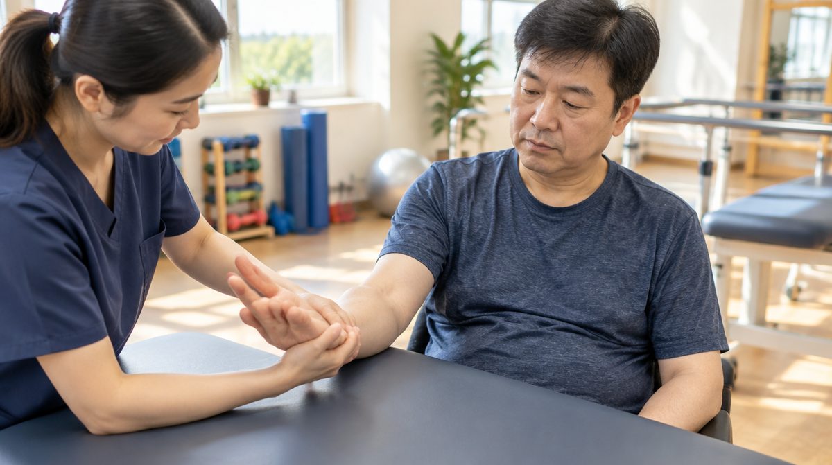 경직 보톡스 후 재활운동으로 오른손 스트레칭을 받는 편마비 40대 남성