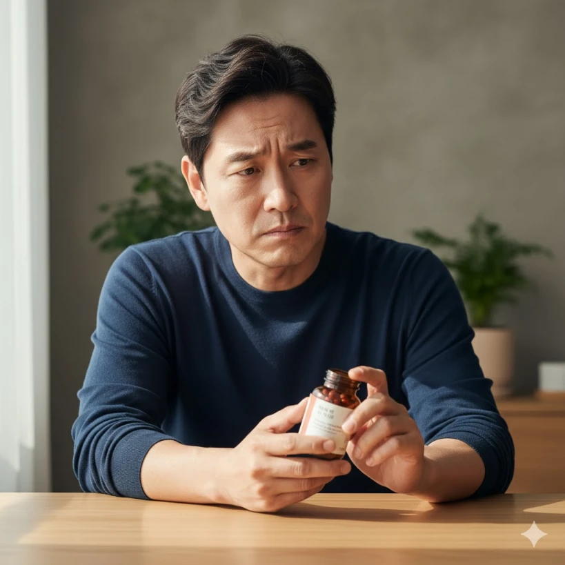 홍삼 효과에 의문을 가지며 컴파운드K를 고민하는 남성