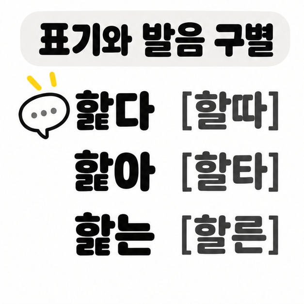 핥다와 핥아 및 핥는의 표기 옆에 각각 할따와 할타 및 할른을 대괄호로 표시한 발음 비교