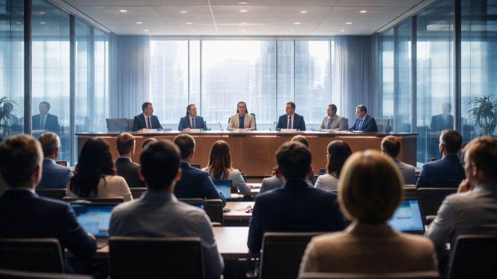 넓은 회의실에서 패널과 시민들이 함께 참여하는 공개적인 의사 결정 회의 장면