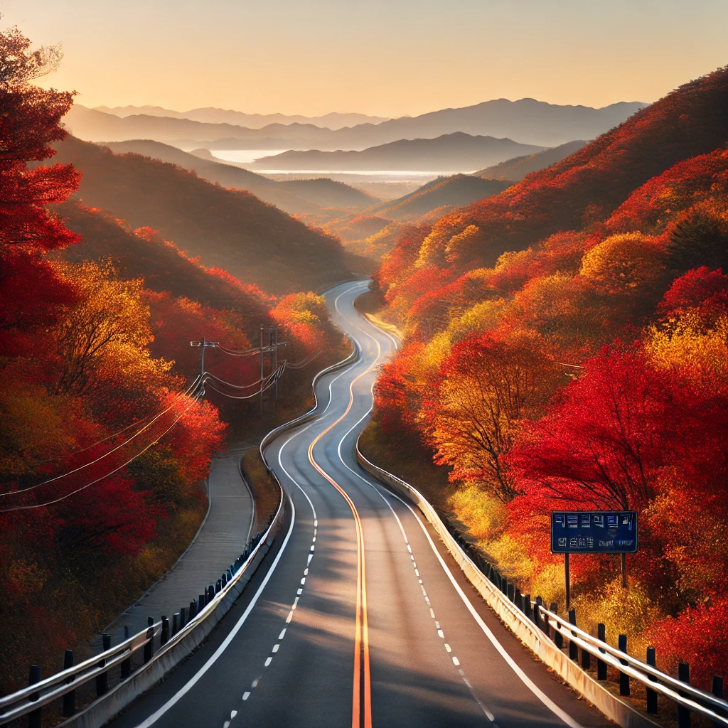 인천 영종도 하늘길의 고요한 가을 풍경, 단풍이 물든 나무들 사이로 굽이치는 도로와 파란 하늘이 어우러진 모습