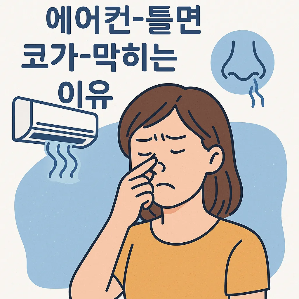 에어컨을-틀자-코가-막혀-코를-잡고-있는-여성과-차가운-바람-표시가-함께-표현된-일러스트