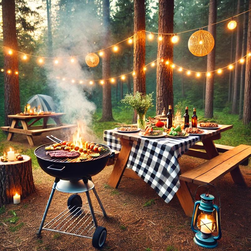 A cozy outdoor camping barbecue area set in a forest, 바베큐장