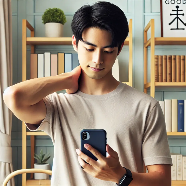 스마트폰을 눈높이로 들고 바른 자세를 유지하는 동양인 젊은 남성의 초고해상도 사진