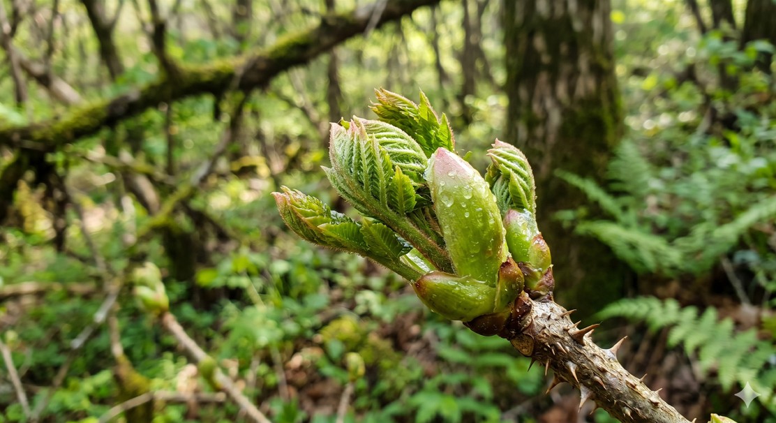 산속 두릅나무 끝에서 자라는 통통한 갓 돋아난 윤기나는 참두릅 새순.