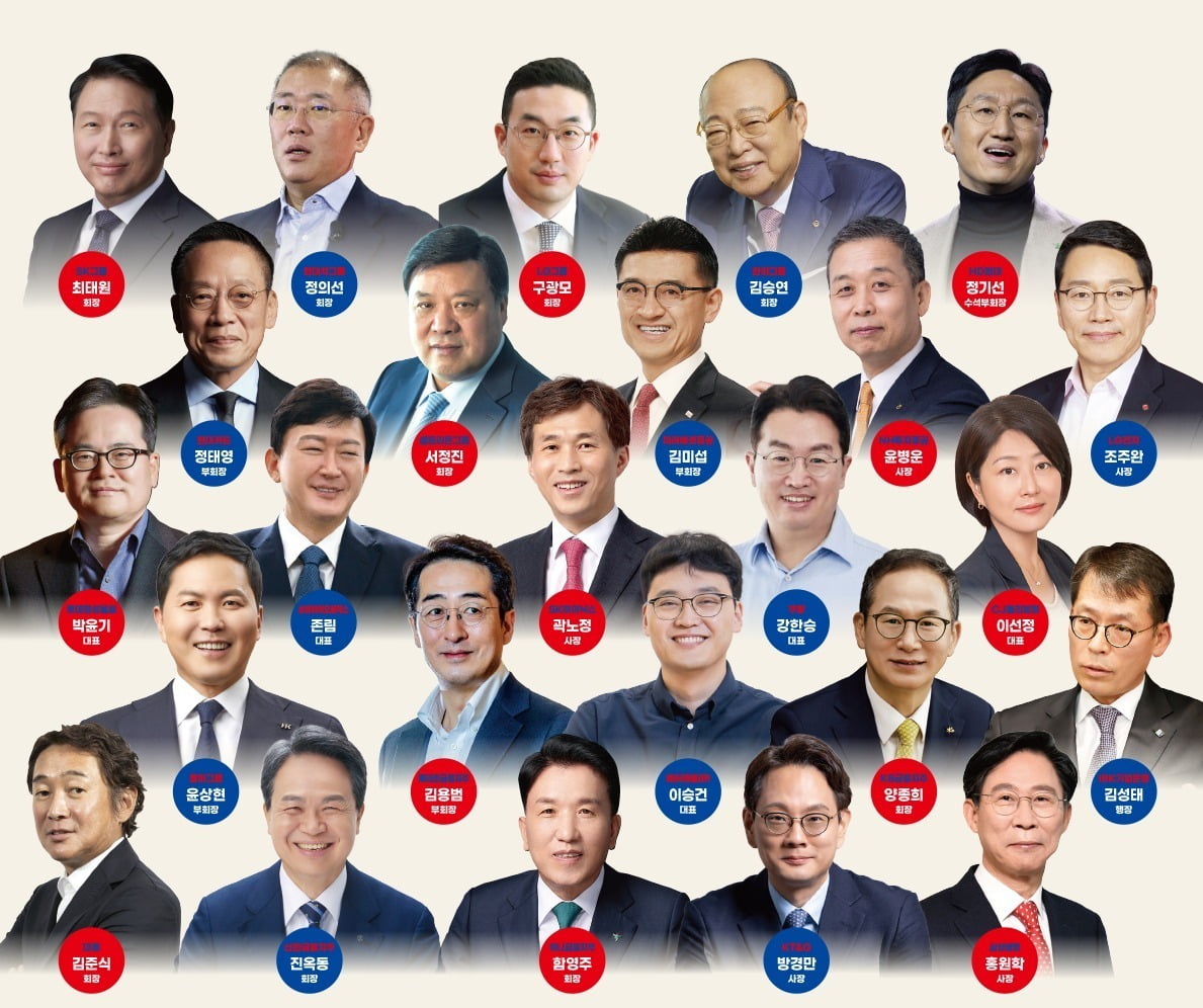 최태원 SK그룹 회장·정의선 현대차그룹 회장·구광모 LG그룹 회장·김승연 한화그룹 회장·정기선 HD현대 수석부회장·정태영 현대카드 부회장·서정진 셀트리온그룹 회장·김미섭 미래에셋증권 부회장·윤병운 NH투자증권 사장·조주완 LG전자 사장·박윤기 롯데칠성음료 대표·존림 삼성바이오로직스 대표·곽노정 SK하이닉스 사장·강한승 쿠팡 대표·이선정 CJ올리브영 대표·윤상현 콜마그룹 부회장·김용범 메리츠금융지주 부회장·이승건 비바리퍼블리카 대표·양종희 KB금융지주 회장·김성태 IBK기업은행장·김준식 대동 회장·진옥동 신한금융지주 회장·함영주 하나금융지주 회장·방경만 KT&G 사장·홍원학 삼성생명 사장. (무순)