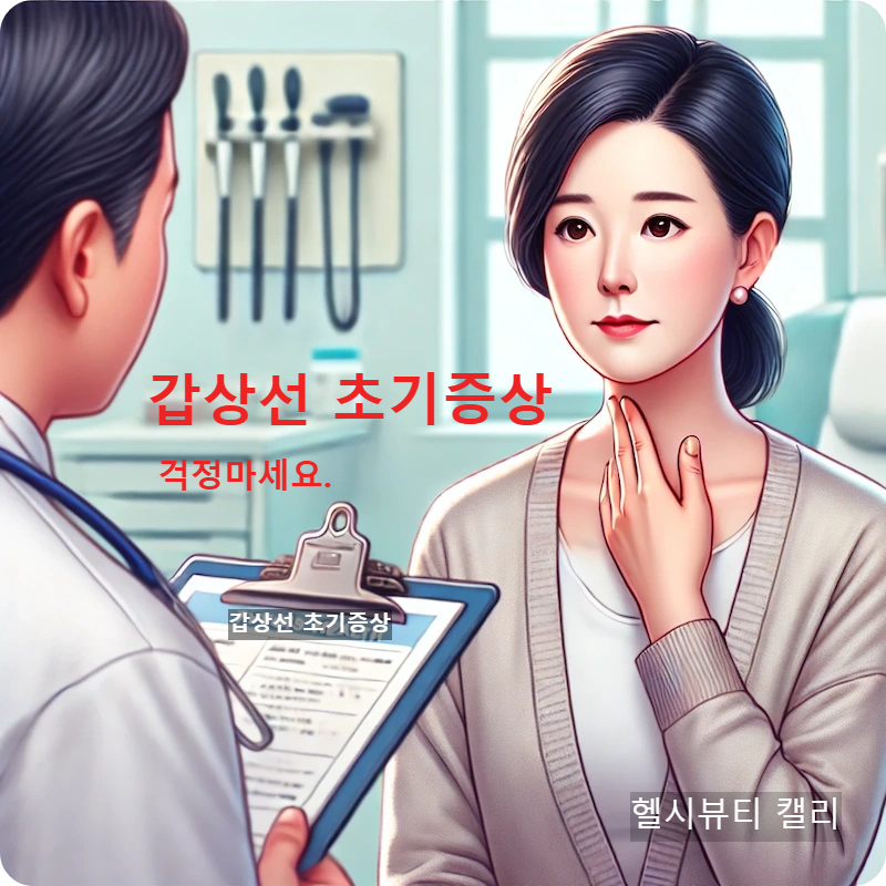 병원에서 갑상선 부위를 짚으며 진료 상담을 받는 중년 여성