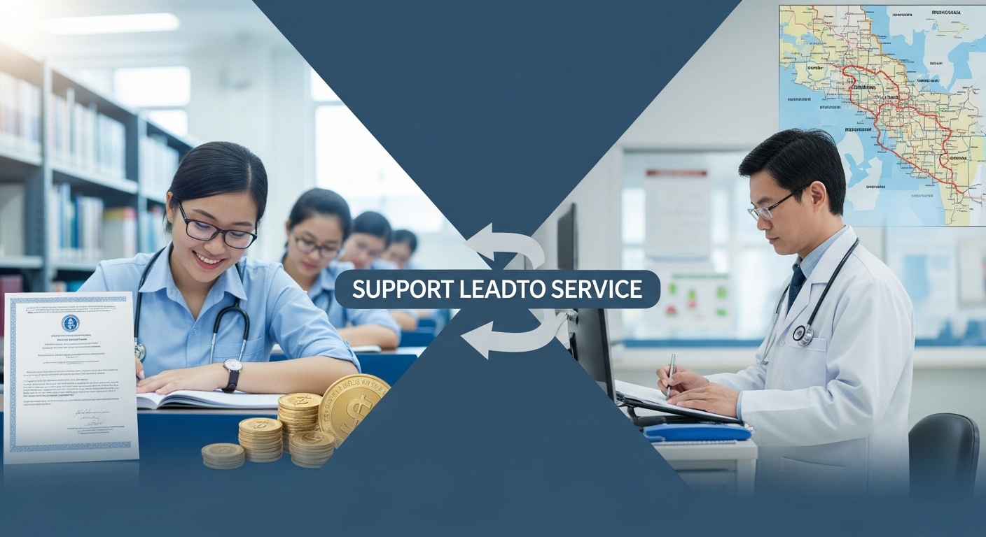 지역의사제 핵심 개념: 학비 지원과 10년 의무 복무를 시각적으로 연결한 이미지