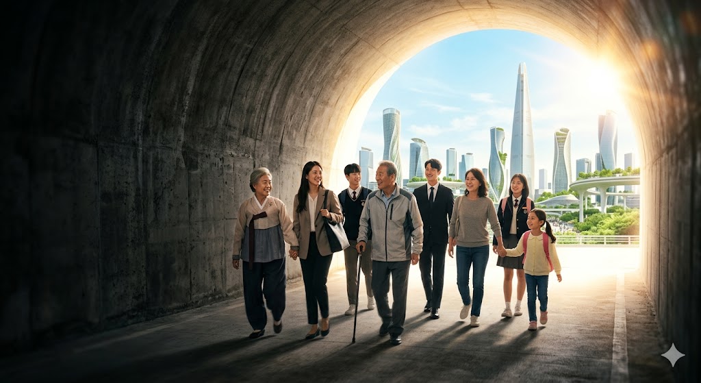 어둡고 긴 경제적 위기의 터널을 지나 새로운 혁신과 희망의 빛을 향해 묵묵히 함께 연대하며 나아가는 대한민국 기적의 미래 청사진