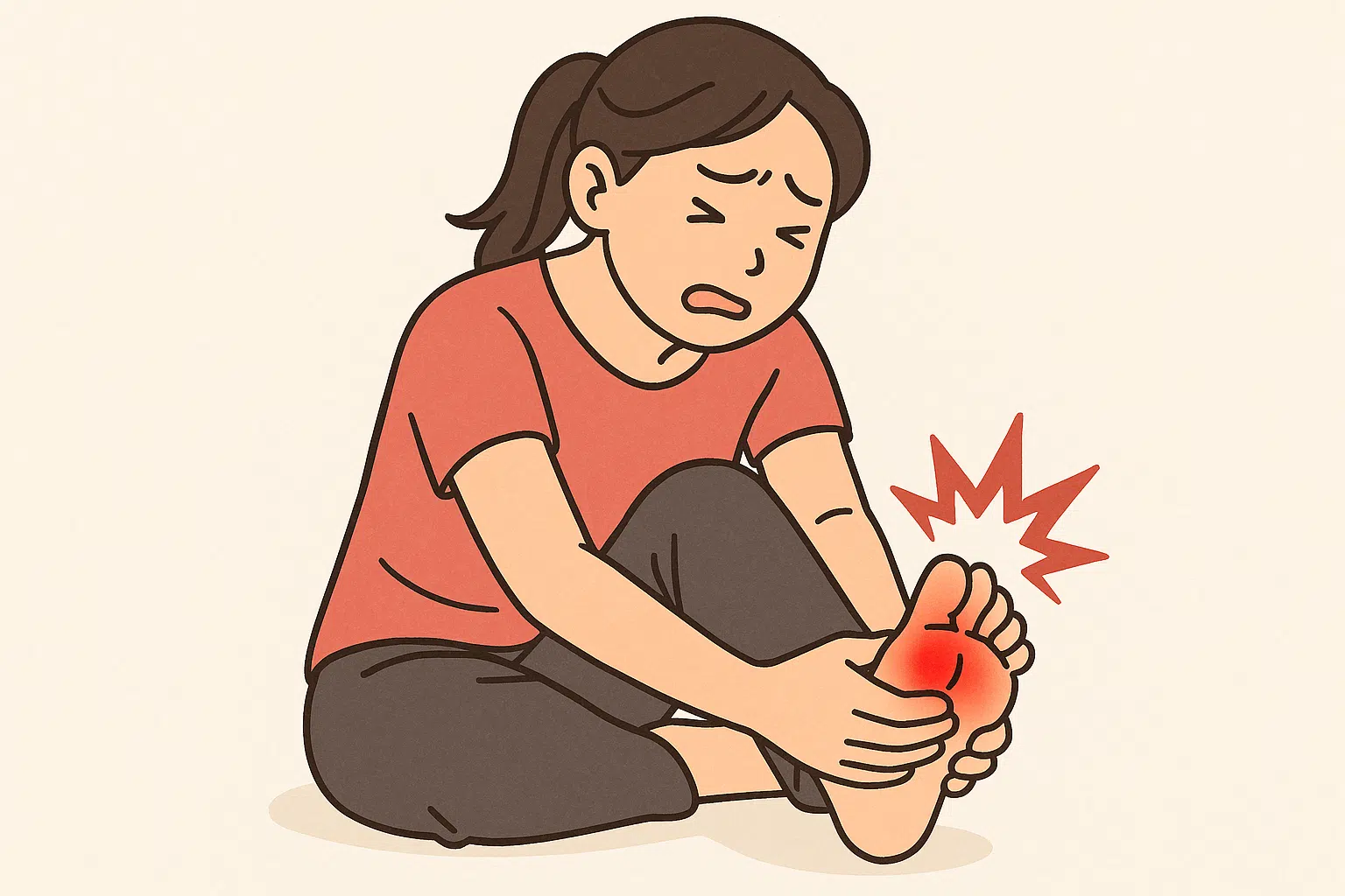 왼쪽 엄지발가락을 잡고 통증을 느끼는 여성