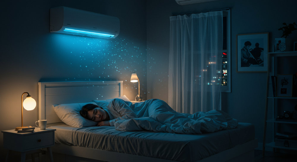 2025년 최신 벽걸이 에어컨이 설치된 원룸에서 조용하고 시원하게 잠든 사람의 모습, 저소음과 낮은 전기세의 장점을 보여주는 이미지.