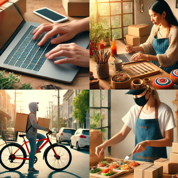 컴퓨터 하는 사진, 그림 그리는 사진, 자전거를 이용한 배달, 요리 하는 사진