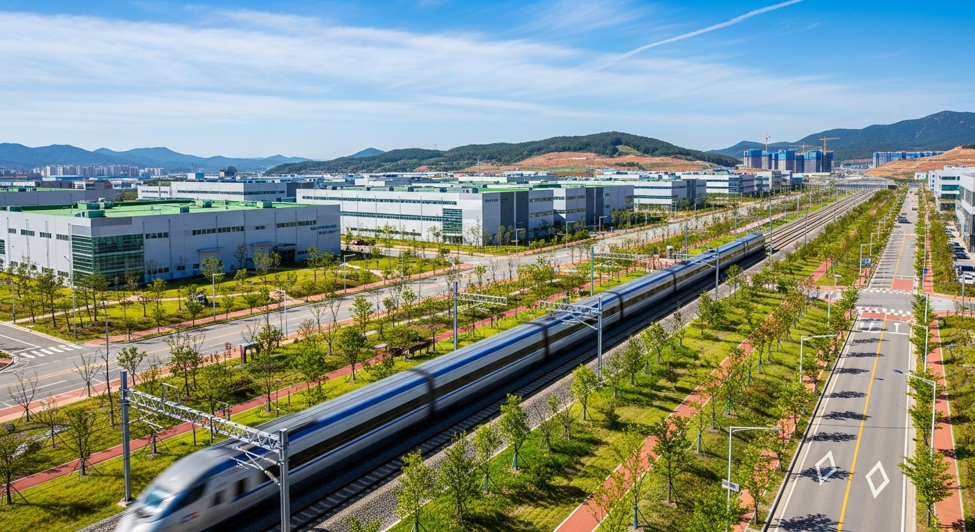 새롭게 조성된 지방 산업단지와 고속철도가 지나가는 풍경, 활기찬 개발 현장의 모습.