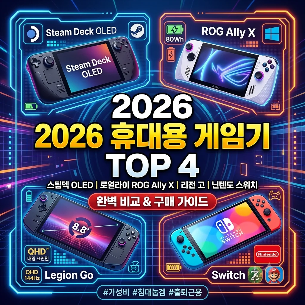 2026 가성비 휴대용 게임기 UMPC 추천 TOP 4 스팀덱 OLED ROG Ally X 리전고 닌텐도 스위치 비교 침대 스팀 게임 구매 가이드