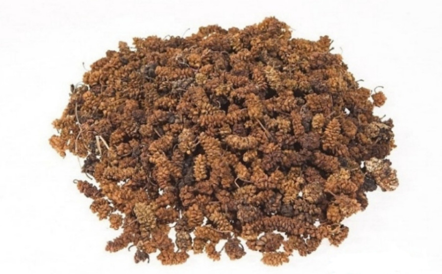 야생에서 채취를 한 뽕나무의 열매인 오디를 잘 세척을 한 후에 바싹 말린 상심자를 하얀 바닥 위에 수북하게 놓아두고 찍은 사진