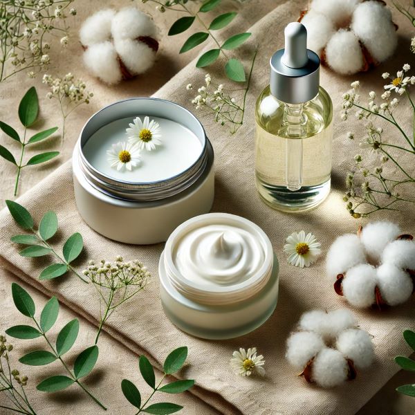 판테놀 성분이 함유된 스킨케어 제품들이 나무 질감 배경 위에 자연스럽게 놓여 있고, 그 주변에는 녹색 잎과 꽃잎이 장식되어 있습니다.