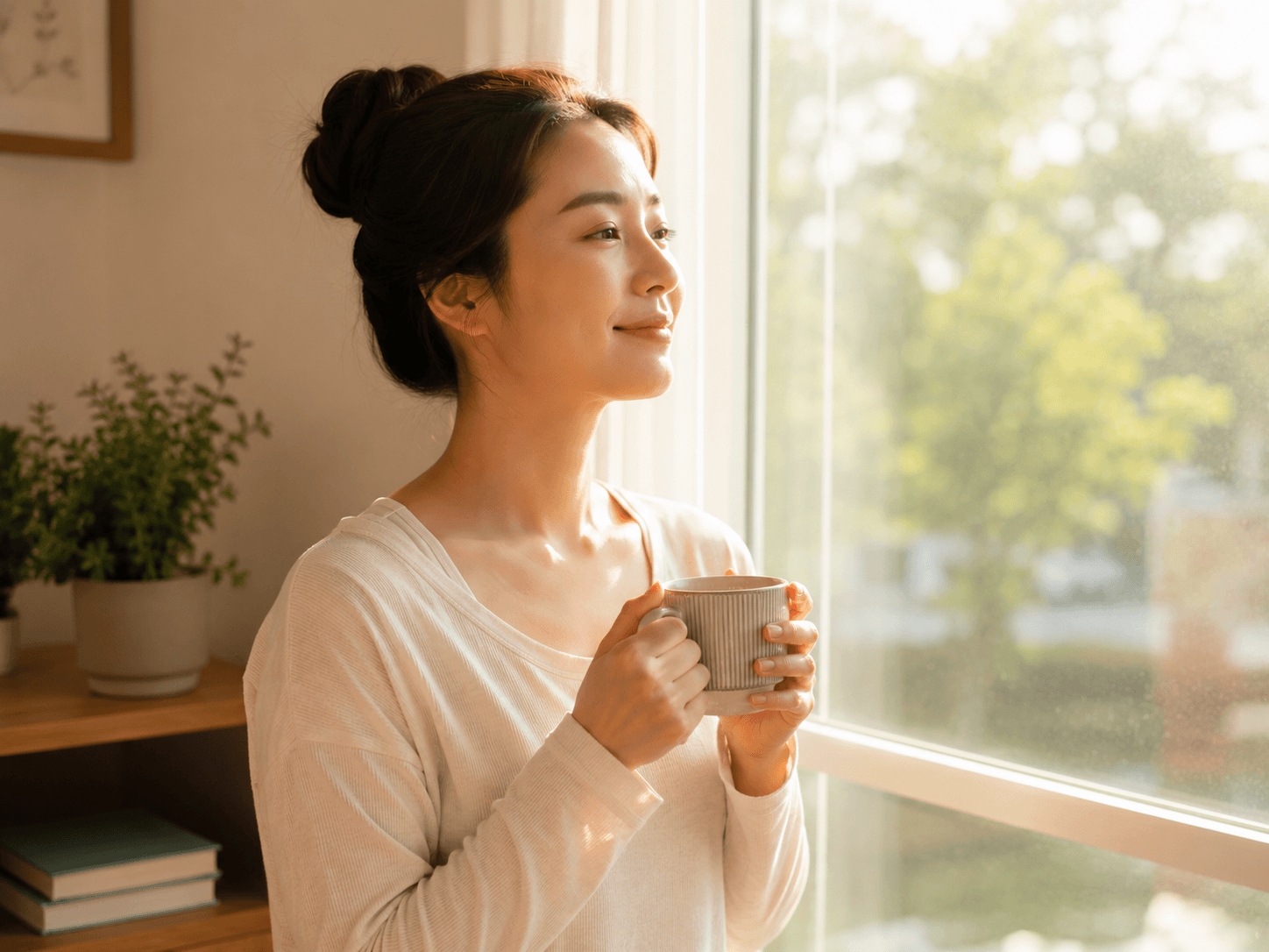 아침 햇살이 비치는 창가에서 따뜻한 차를 들고 명상 후 평온한 시간을 보내는 여성의 모습