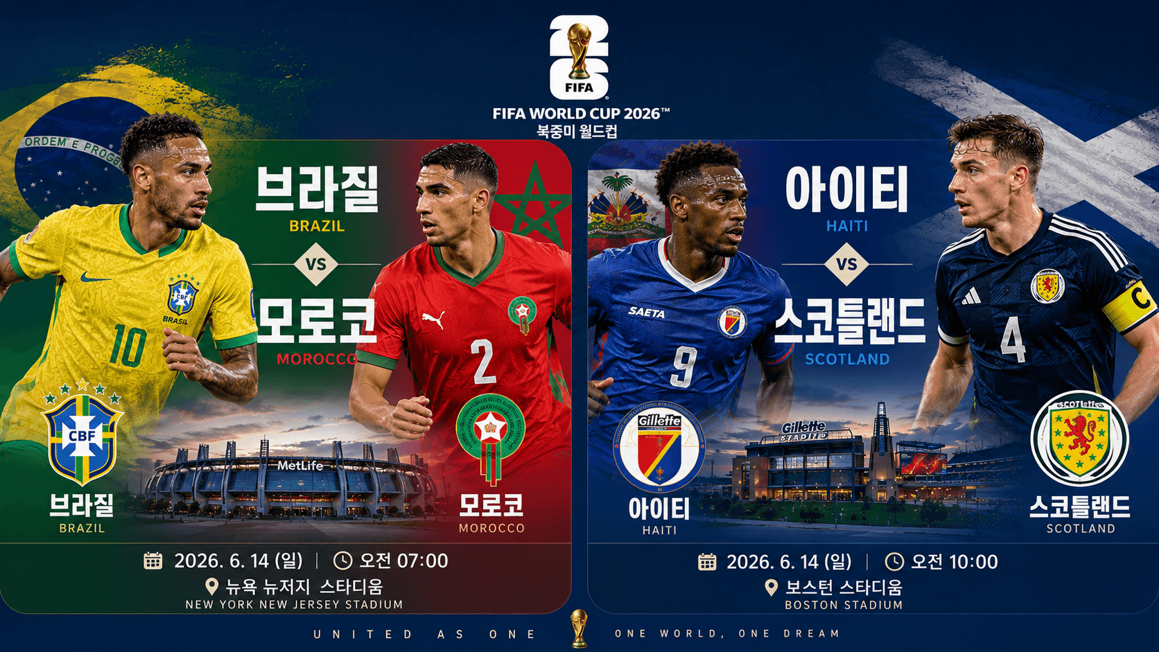 2026 FIFA 북중미 월드컵 6월 14일 C조 경기 일정 종합: 브라질 대 모로코(뉴욕 뉴저지 스타디움), 아이티 대 스코틀랜드(보스턴 스타디움) 매치업 이미지