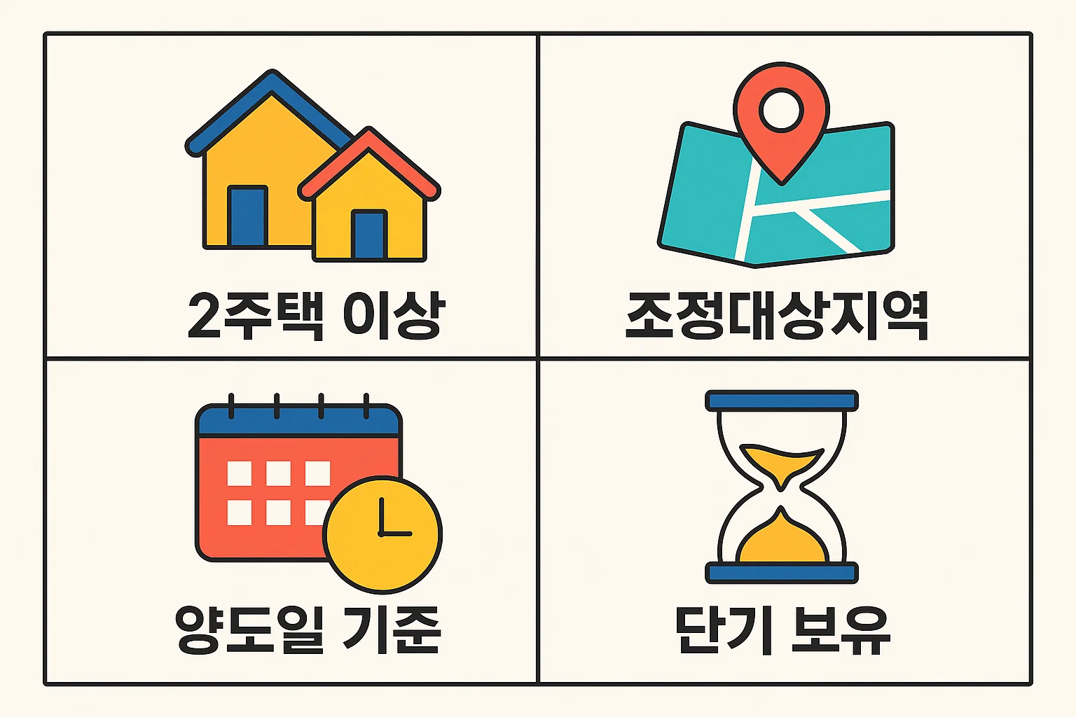 양도소득세 중과가 적용되는 2주택 이상, 조정대상지역, 양도일 기준, 단기 보유 요건 등 주요 조건을 쉽게 이해할 수 있도록 정리한 인포그래픽