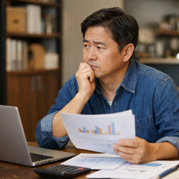 2026년 소상공인 정책자금 한도 소진을 앞두고 서류와 재무자료를 검토하며 고민하는 중년 소상공인