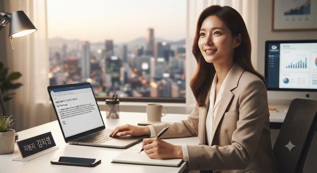 깔끔한 비즈니스 환경에서 노트북을 활용해 외국계 기업 지원용 영문 이메일을 정중하게 작성하고 있는 모습