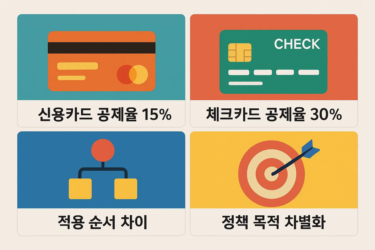 체크카드 소득공제율 30퍼센트와 신용카드 공제율 15퍼센트 차이를 기준과 정책 목적 관점에서 비교해 이해를 돕는 구조 설명 이미지입니다