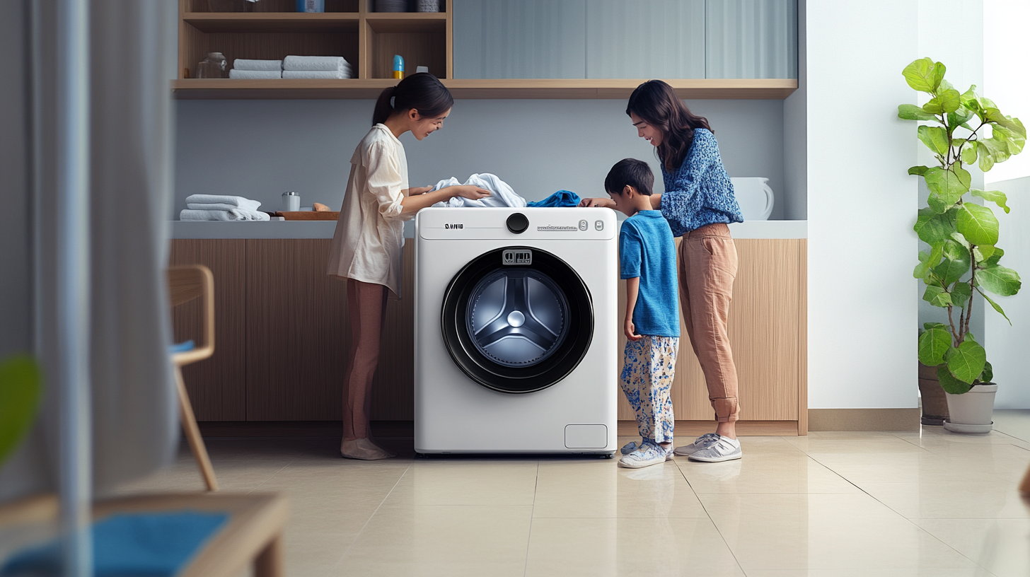 삼성 WF19T6000KW 세탁기를 사용하는 가족, 19kg의 대용량을 실제 집 환경에서 자연광 아래 보여줍니다.