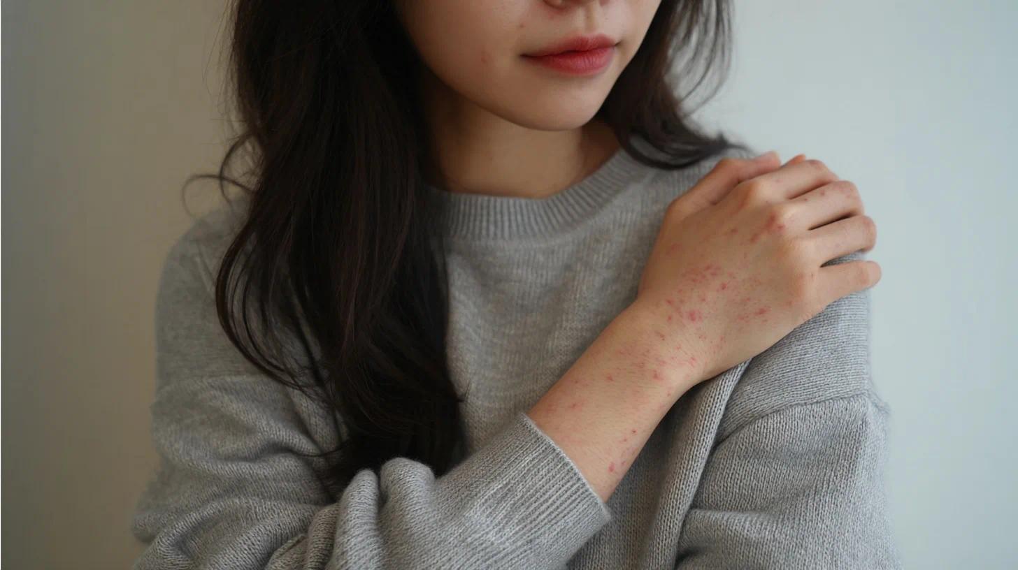 피부 가려움으로 팔을 긁는 사람 이미지