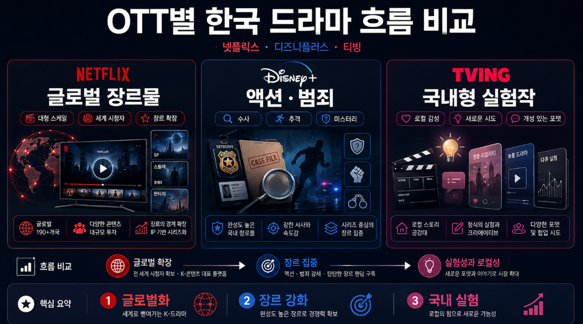 한국 OTT 신작 흐름을 넷플릭스 디즈니플러스 티빙으로 비교한 이미지