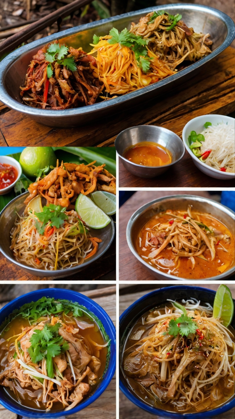 다양한 캄보디아 전통 면 요리를 담은 음식 사진 모음. 각 그릇에는 다양한 육수와 토핑이 얹힌 면 요리가 담겨 있으며, 고기, 숙주, 라임, 고수, 고추 등이 곁들여져 있다.