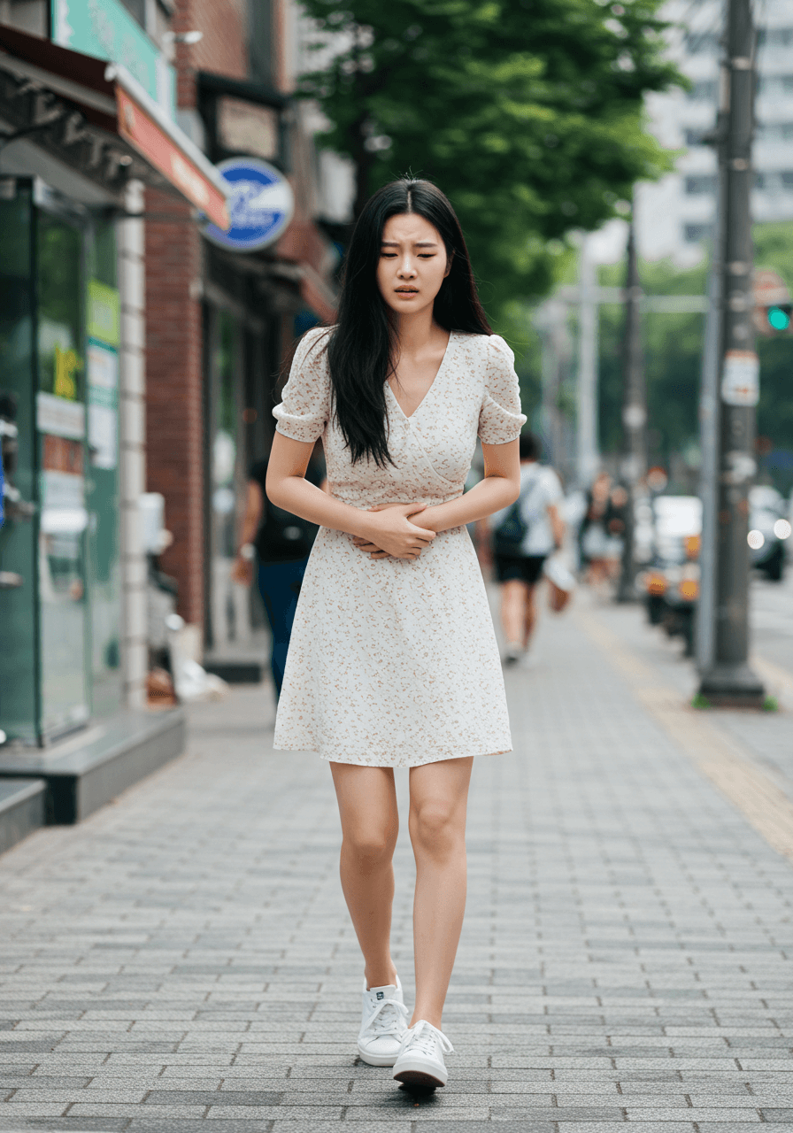 도심 인도에서 배를 움켜쥐며 불편해하는 20대 한국인 여성