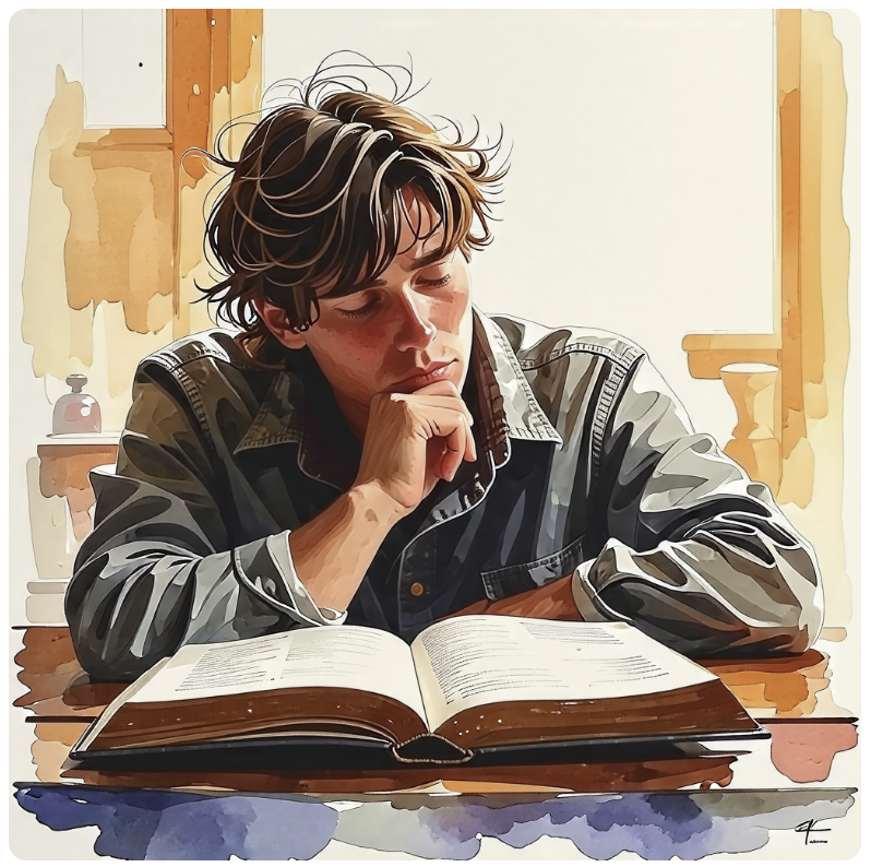 책을 펼쳐놓고 고민하고 생각하는 모습