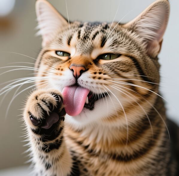 고양이가 혀로 앞발을 그루밍 하는 모습